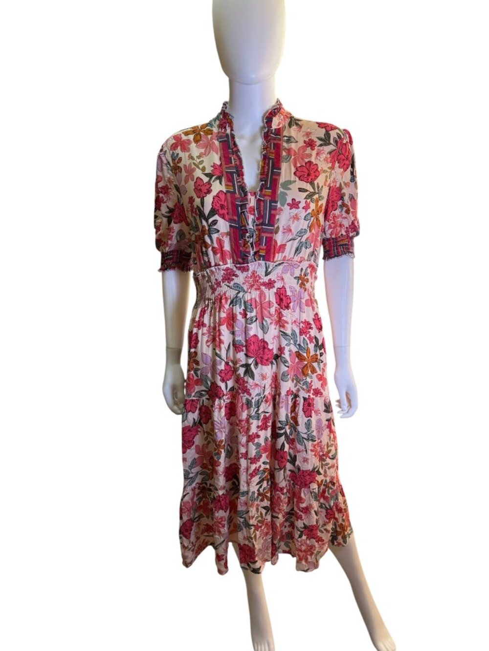 Lapis Womens Floral Midi Dress With Shirred Waist & Ruffled Neckline Large EUC
